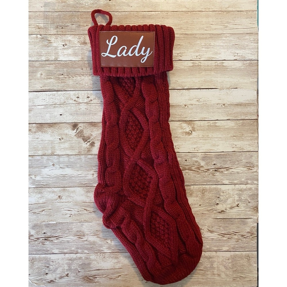 Burgundy Cable Knit Christmas Stocking Lady Personalized Faux Leather Patch